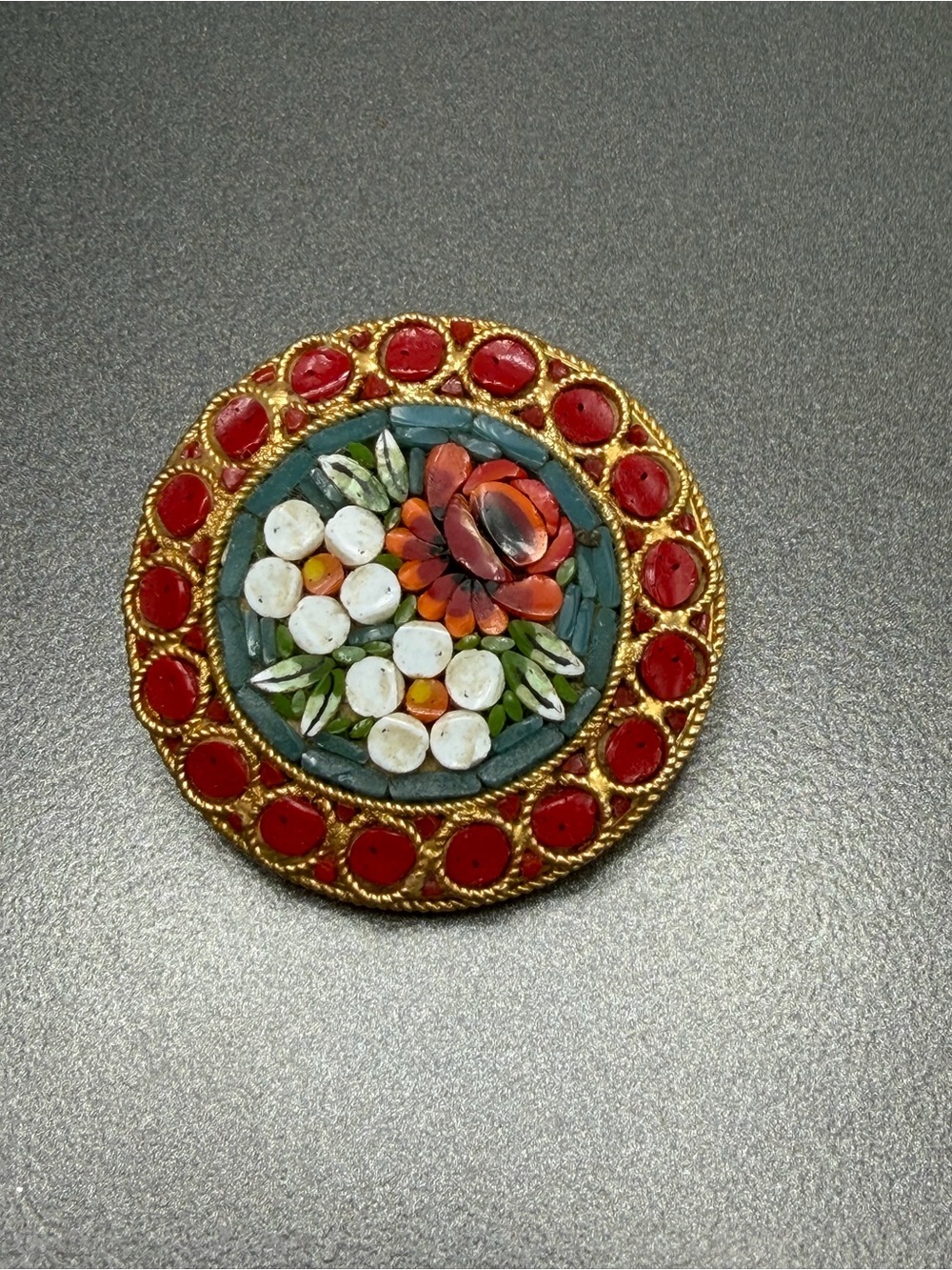 ❤️2/$80 Vintage Floral Mosaic Round Brooch in Red, Green, White #40mo